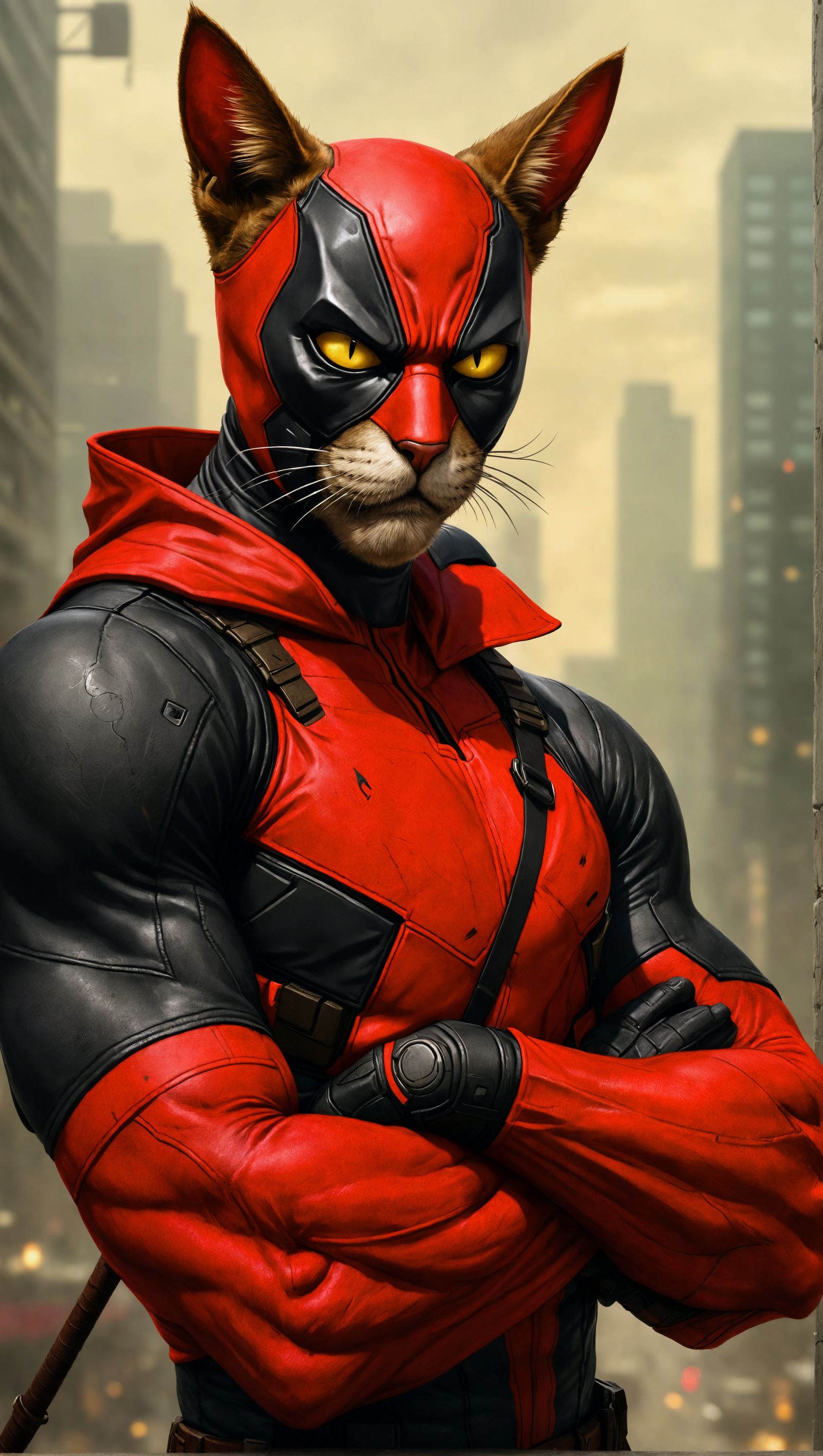 Stylized Portrait of Feline Deadpool with Muscular Physique