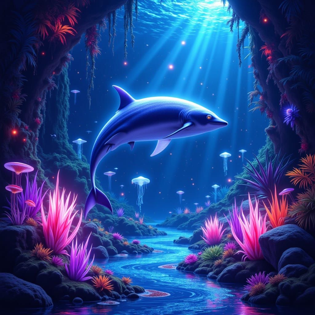 Bioluminescent Shark in Alien Kelp Forest: Psychedelic Art