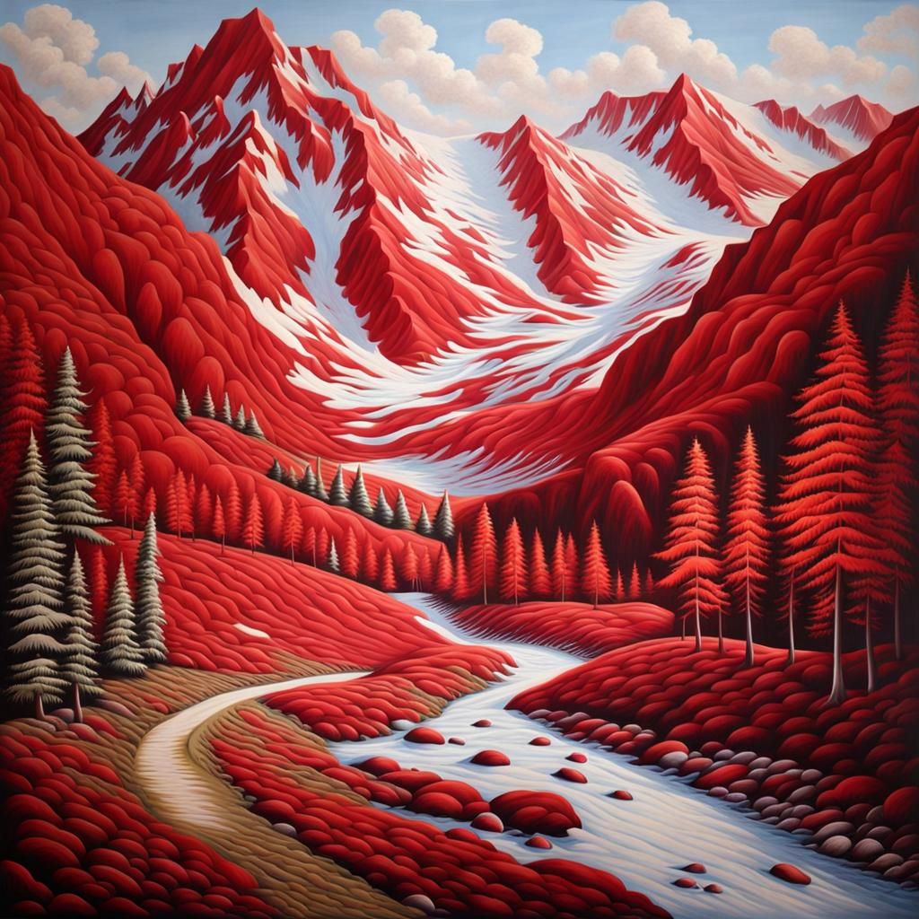 Landscape art in red and white.
