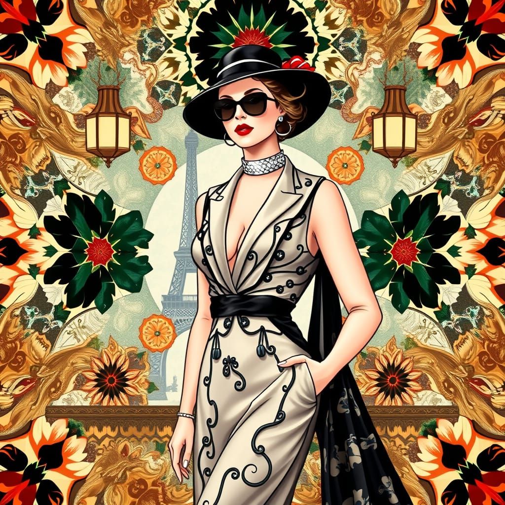 A 1930s-style fashion illustration of a woman wearing a luxurious Balenciaga outfit, posing elegantly in a lavish Parisi...