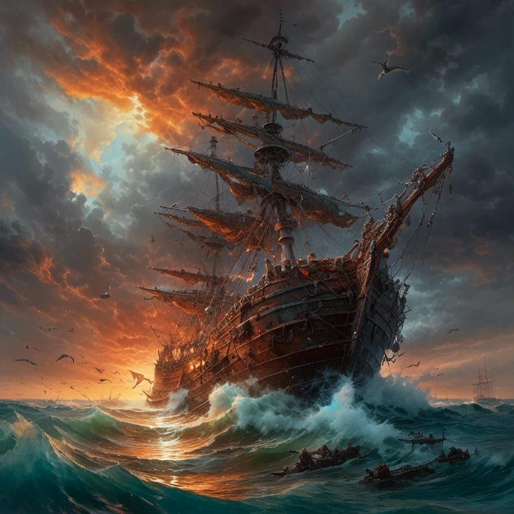 Warship on Stormy Seas in Volumetric Lighting