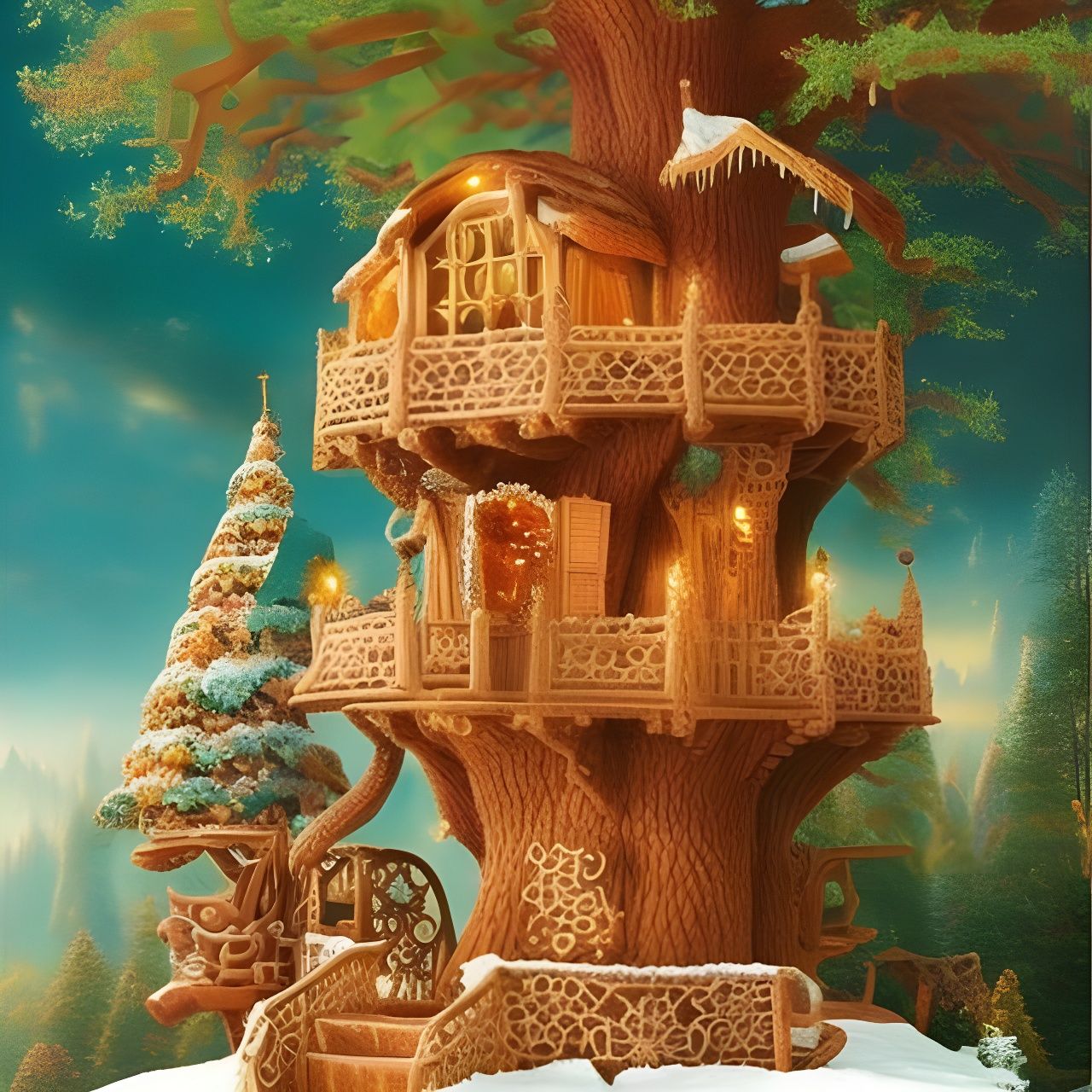 Detailed Gingerbread Treehouse in Ethereal Fantasy Style