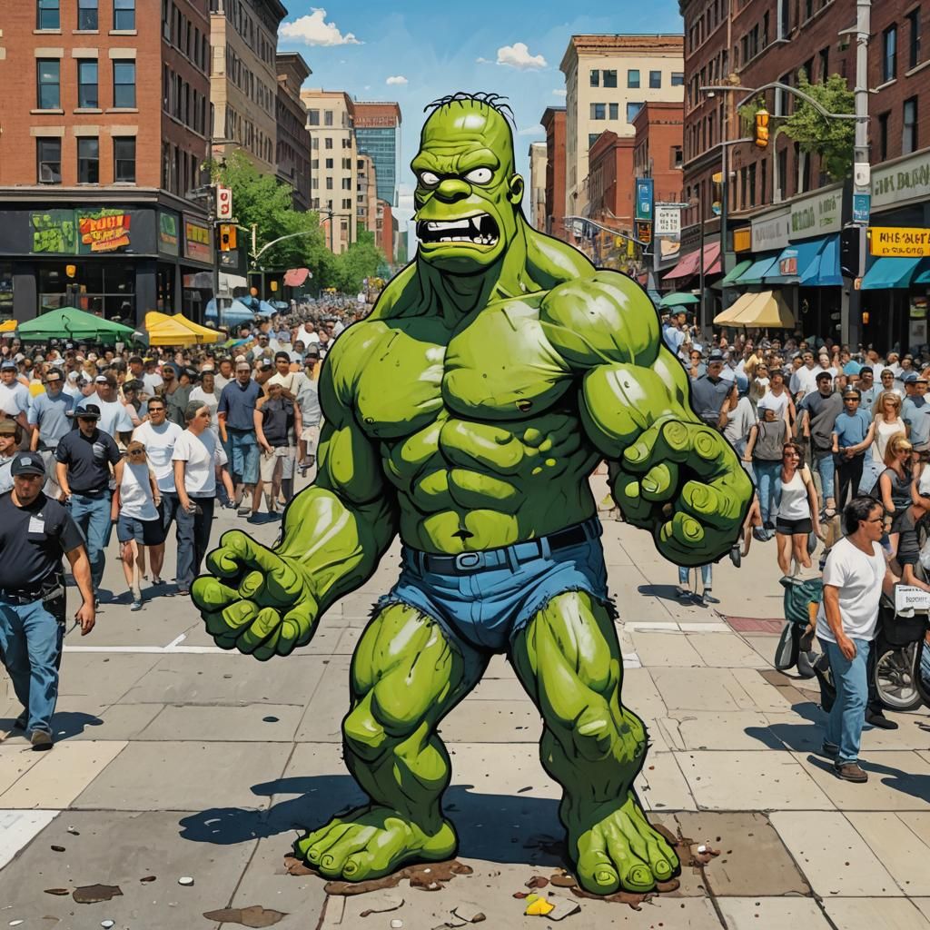 Homer Simpson as Hulk Fighting Cops in Springfield