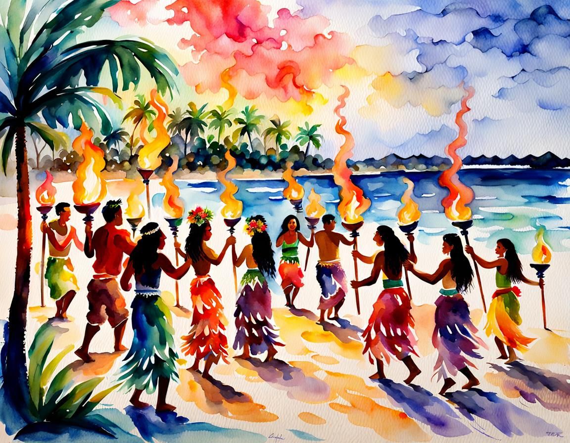 Polynesian Luau Beach Party in Watercolor Style