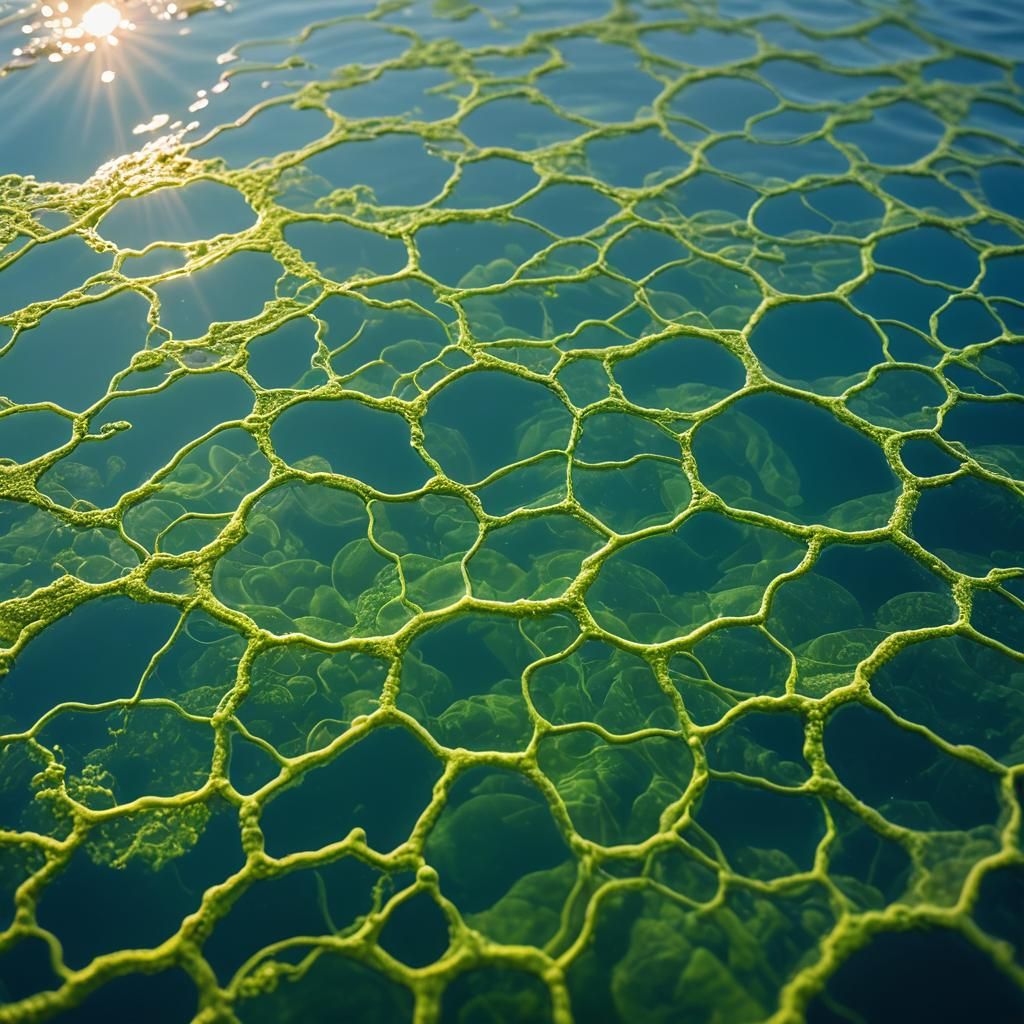 Green Microalgae Photosynthesizing in Blue Ocean