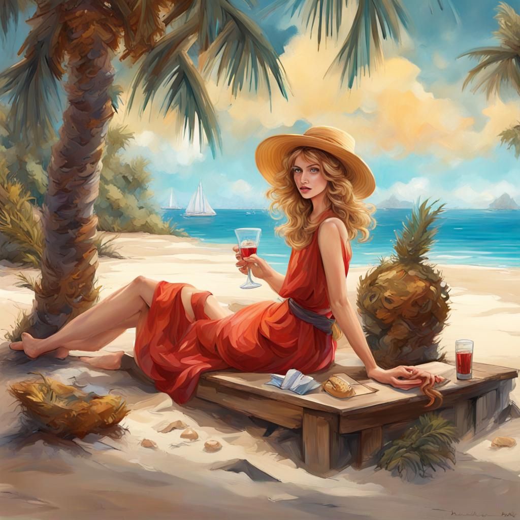 Woman on Tropical Beach in Expressionist Painting