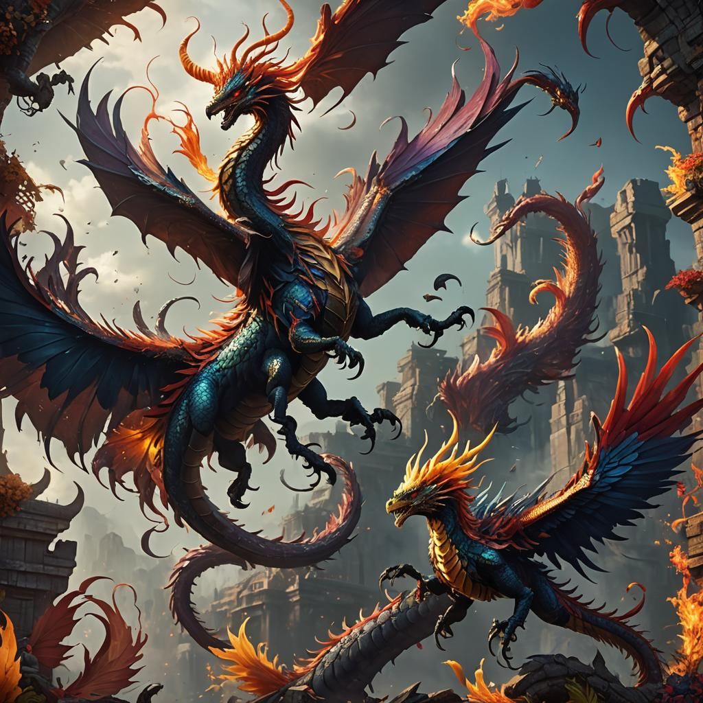 Mythical Hybrid Creature: Centipede, Phoenix, and Dragon
