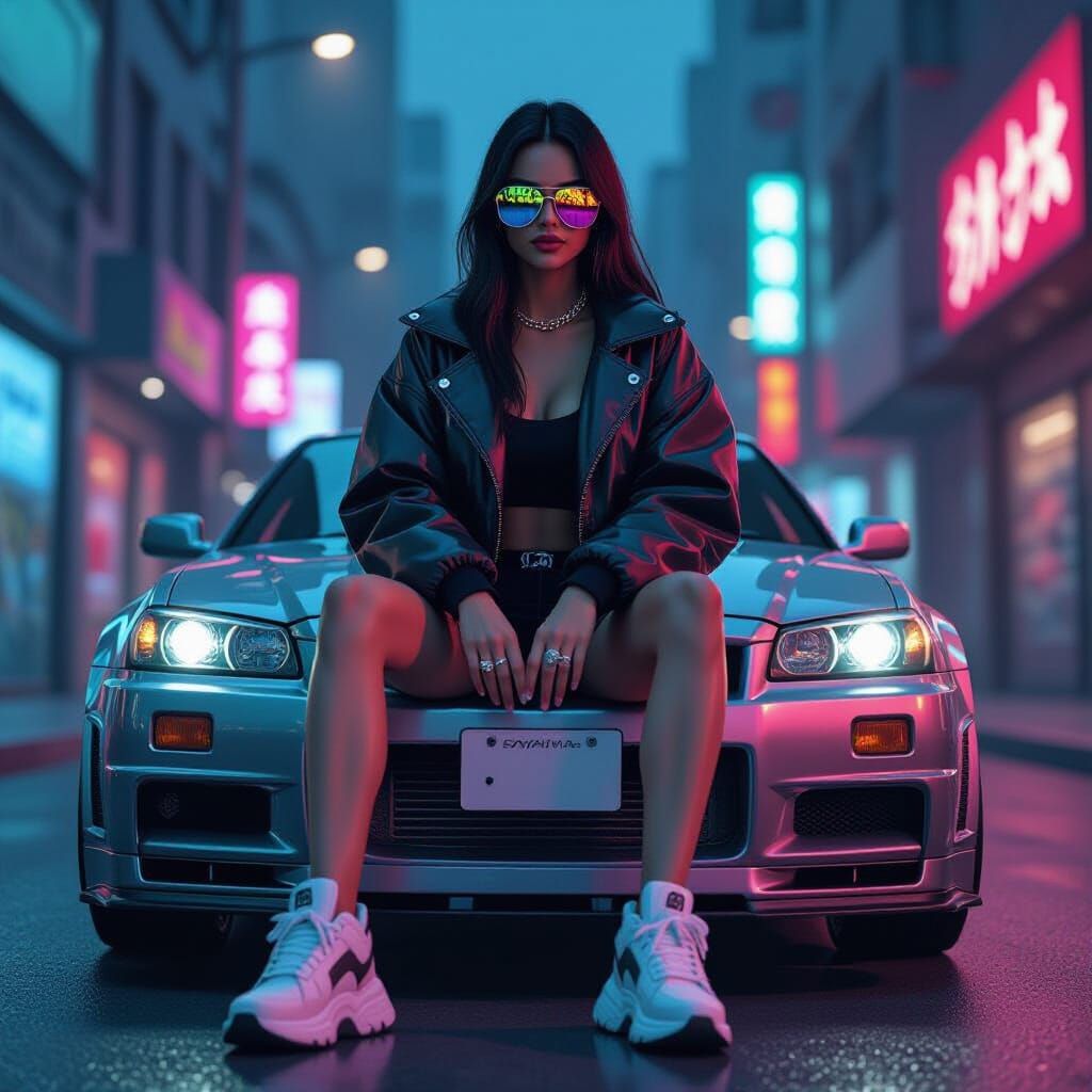Cyberpunk Woman on Skyline GT-R, Noir Style