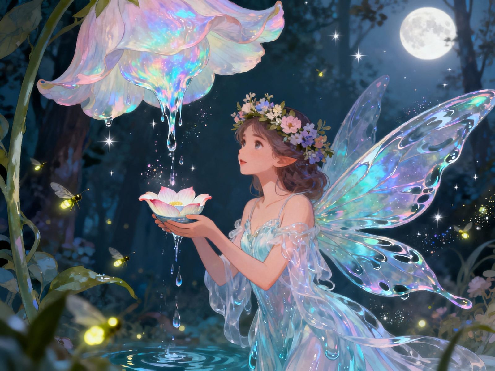 Water Fairy Collecting Magic Dewdrops in Floral Cup