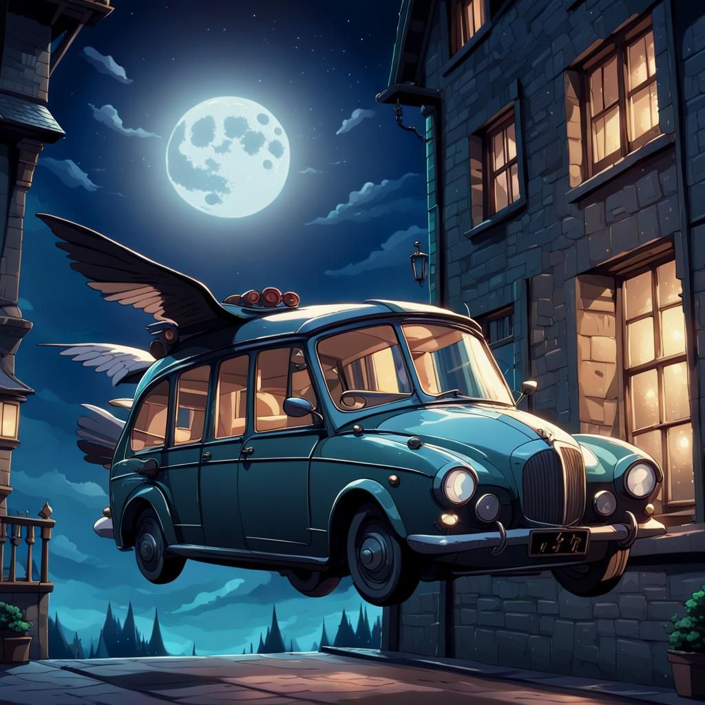 Anime Harry Potter Flying Car at Night