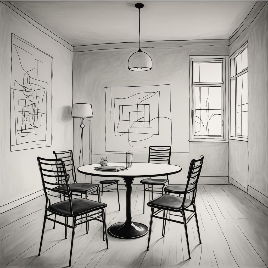 "A minimalist one-line drawing of a room, created using a continuous single black line on a white background. The design...