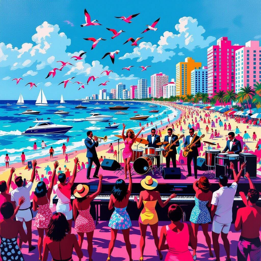 Vibrant 1980s Miami Beach Party in Pop-Art Style