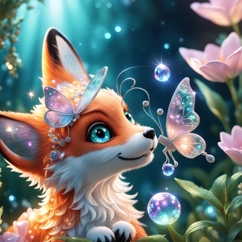 "highly intricately detailed closeup side shot of a crystal glass butterfly sitting on a cute adorable fox's nose, spark...
