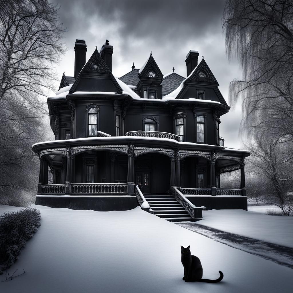 Black Cat in Winter Outside Large House