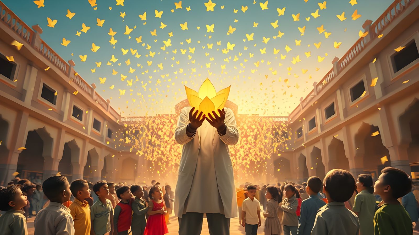 Glowing Paper Flower Dreams in Sun-Drenched Courtyard