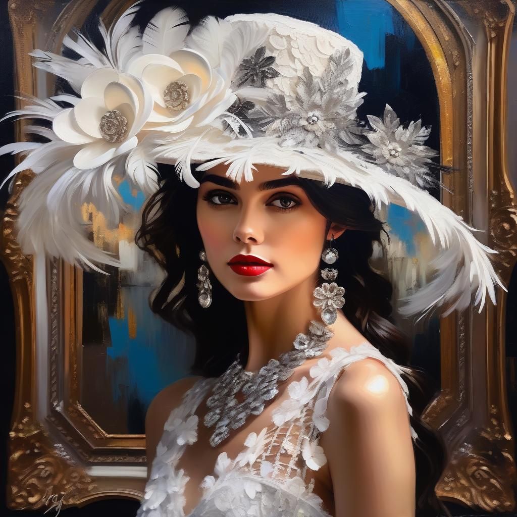 Brunette in Lace Dress, Oil Painting Style