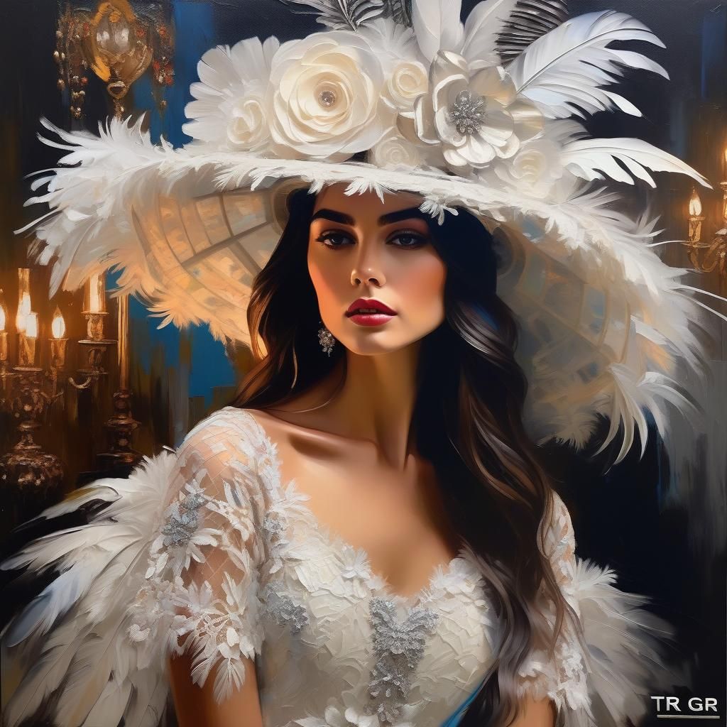 Brunette in Lace Dress with Palette Knife Oil Work