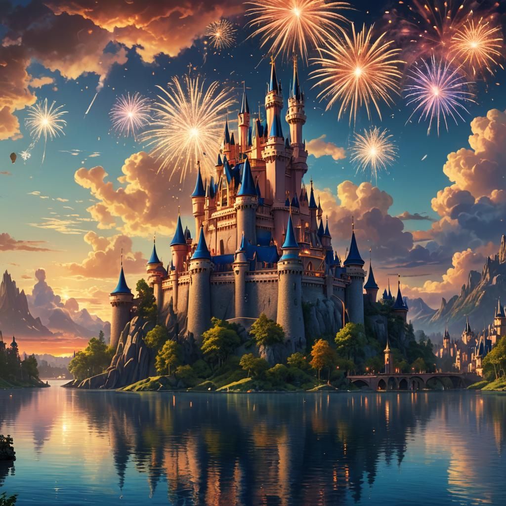 Sunset Disney Castle with Fireworks: Digital Matte Painting