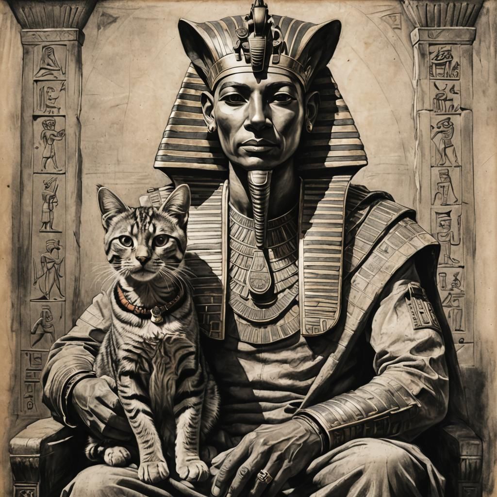 Pharaoh Holding a Cat: Detailed Charcoal Drawing