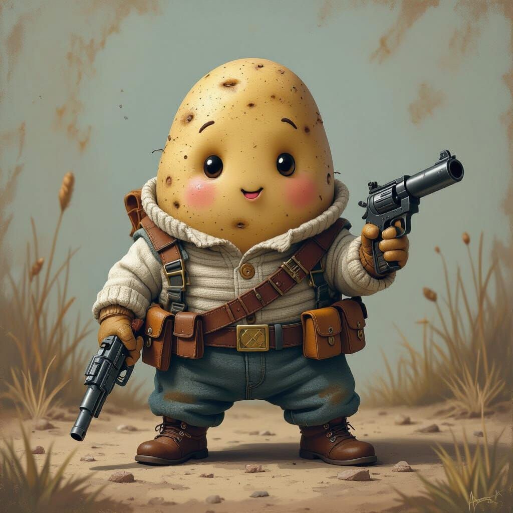 Armed Potato Character in Whimsical Digital Art