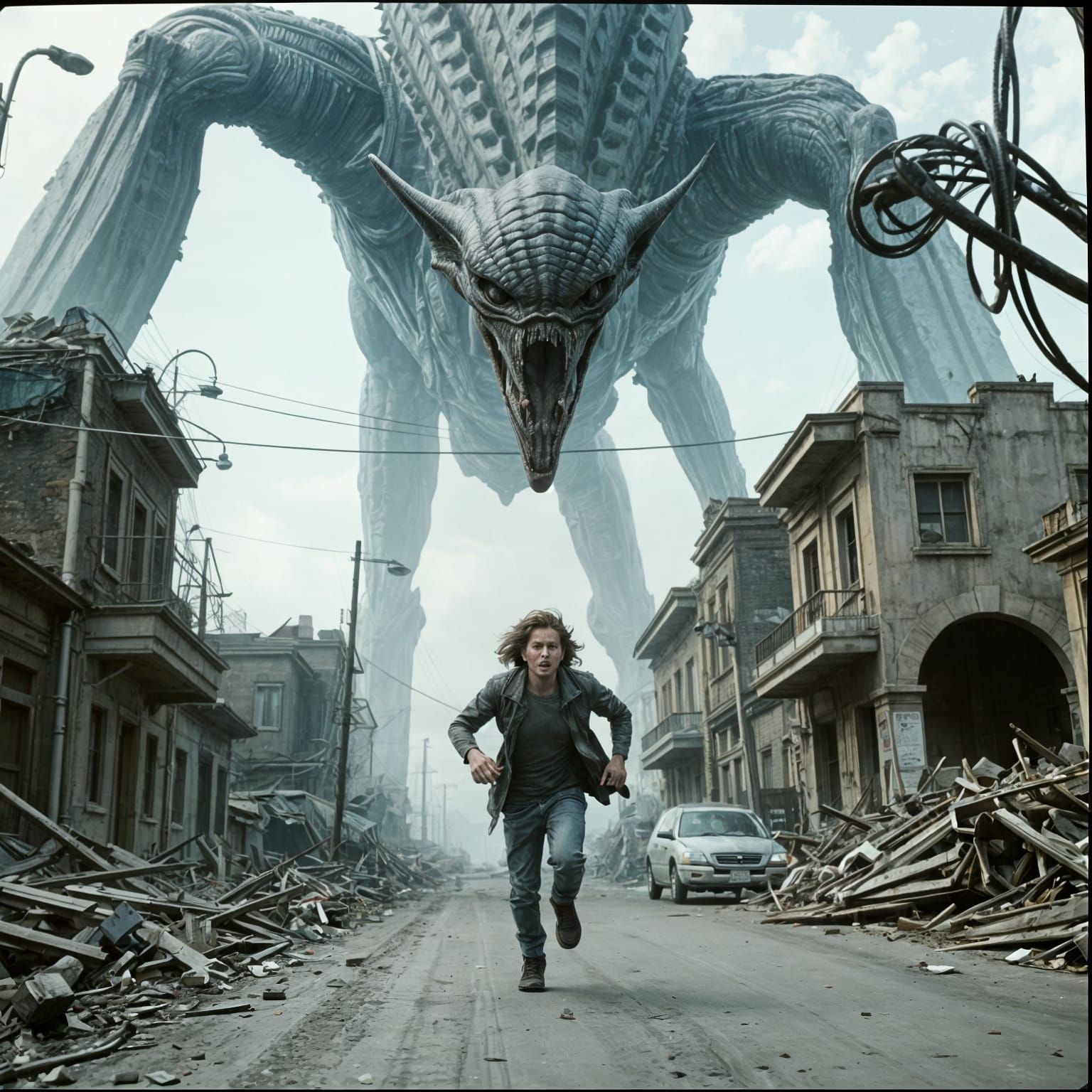 Menacing Alien Confronts Fleeing Human in Ruined Cityscape