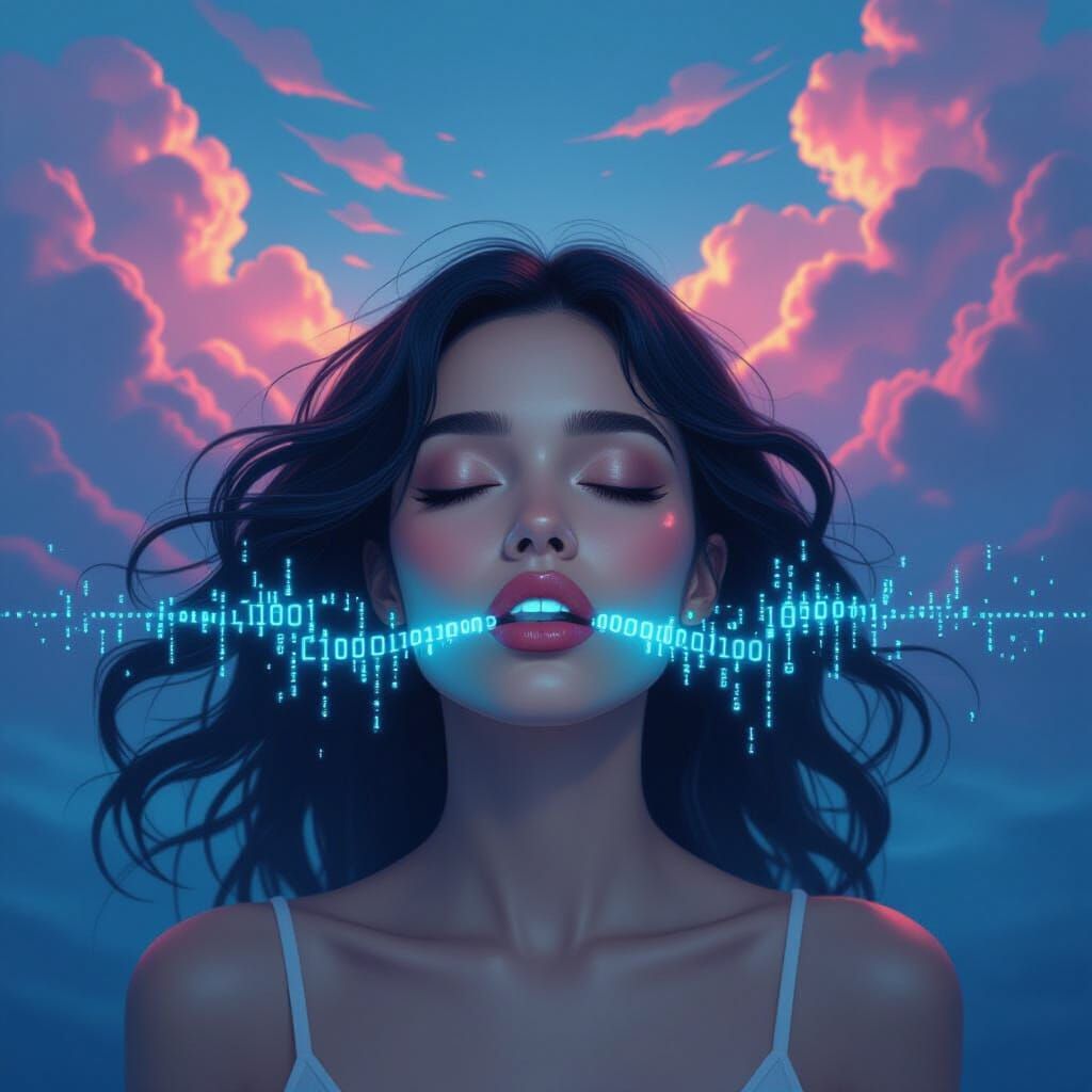 Dreamlike Woman with Binary Code Secrets, Ethereal Lighting