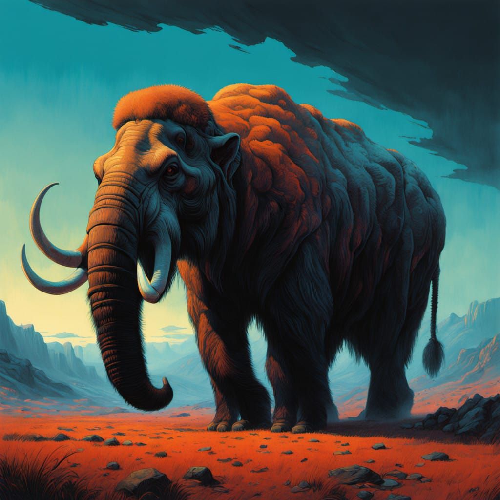 Majestic Woolly Mammoth in Vibrant, Hyperrealistic Splash Ar...
