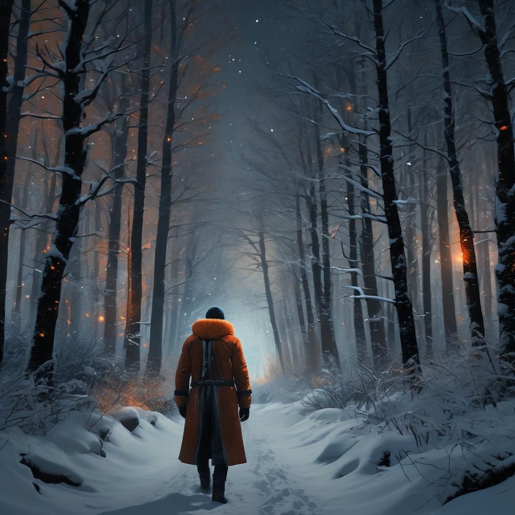 Man Walks in Snowy Forest: Nocturnal Fantasy Art