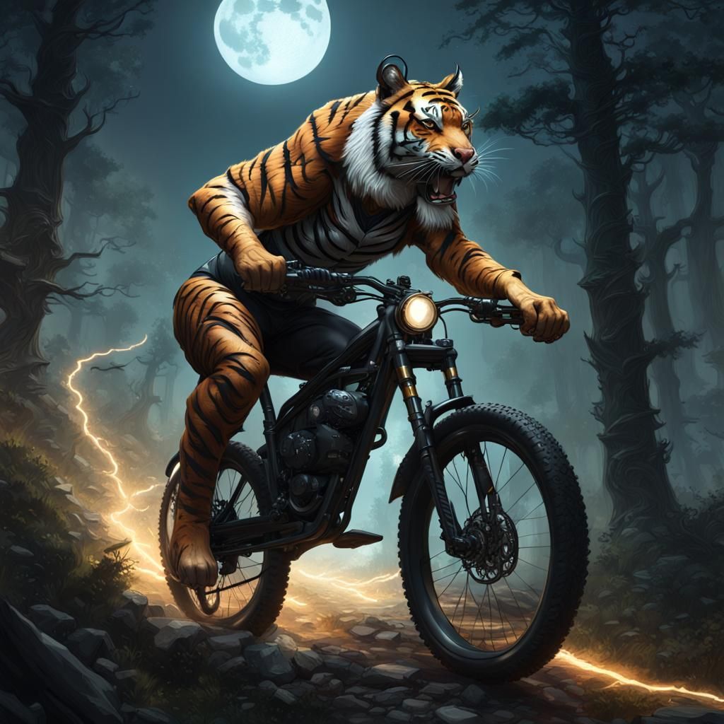 Tiger on Mountain Bike in Dark Fantasy Art