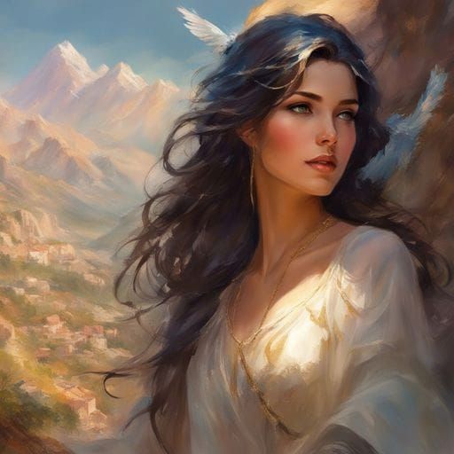 French Girl Portrait in Mountain Landscape, Ink Art