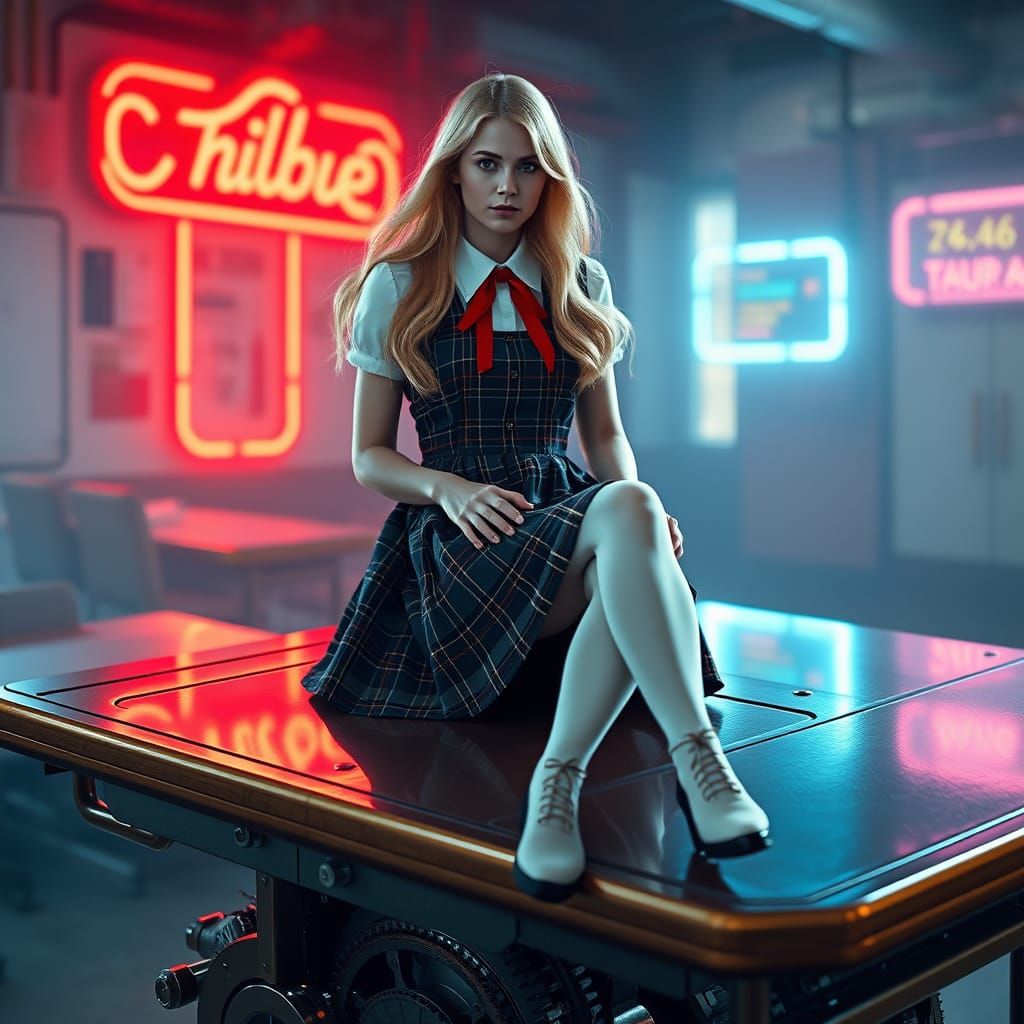 Futuristic Schoolgirl in Steampunk Desk Study
