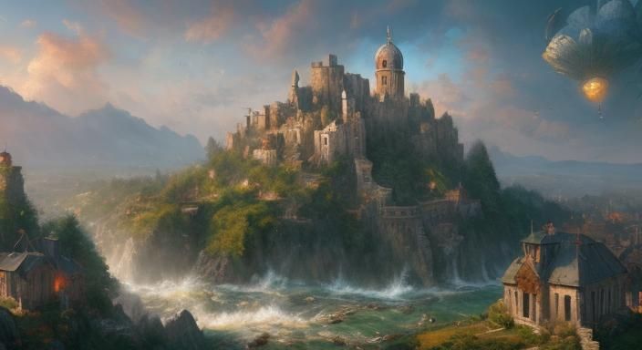 Confluence of Rivers: Cliffside Village with Gnome