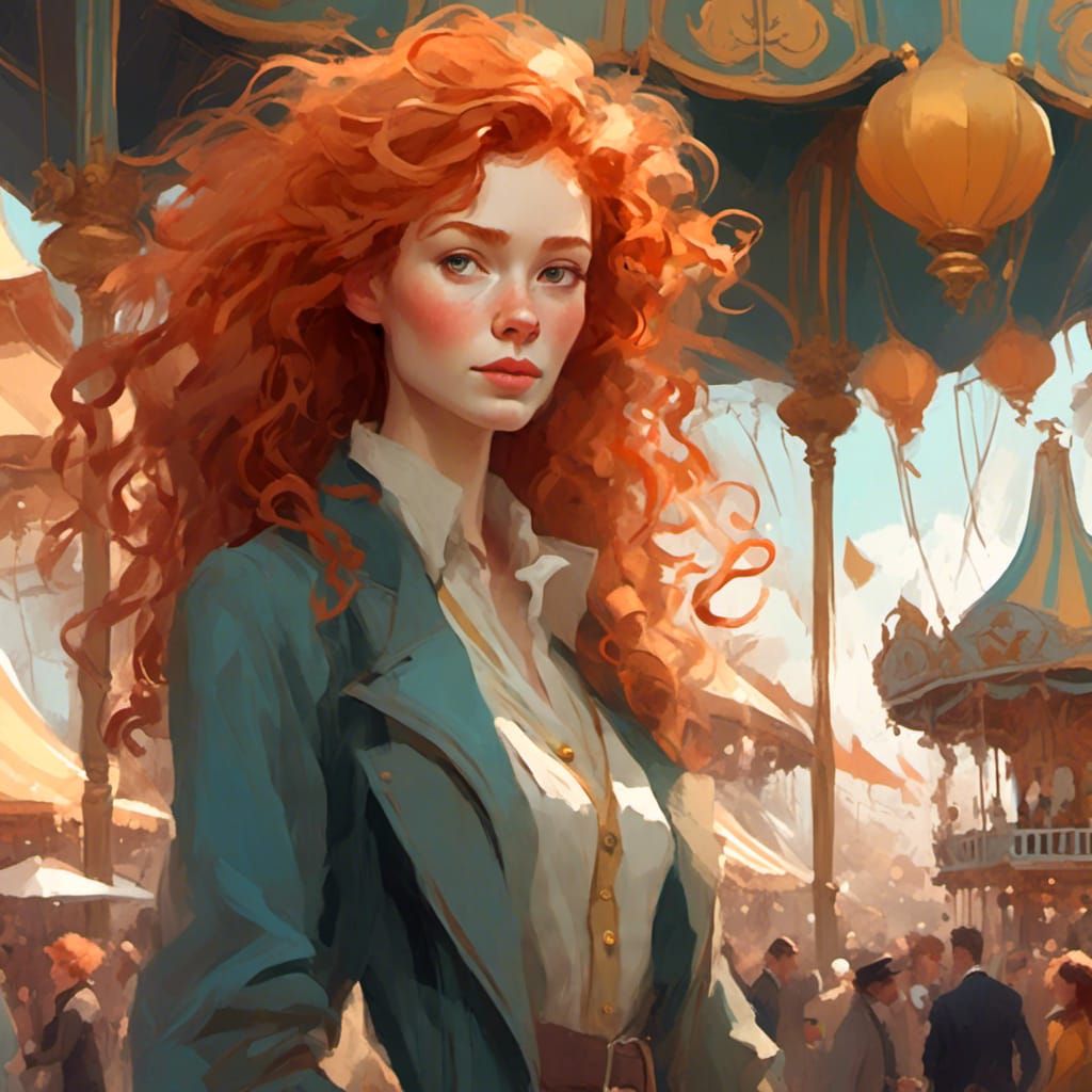 Gracious Ginger-Haired Girl at the Fair in Digital Style