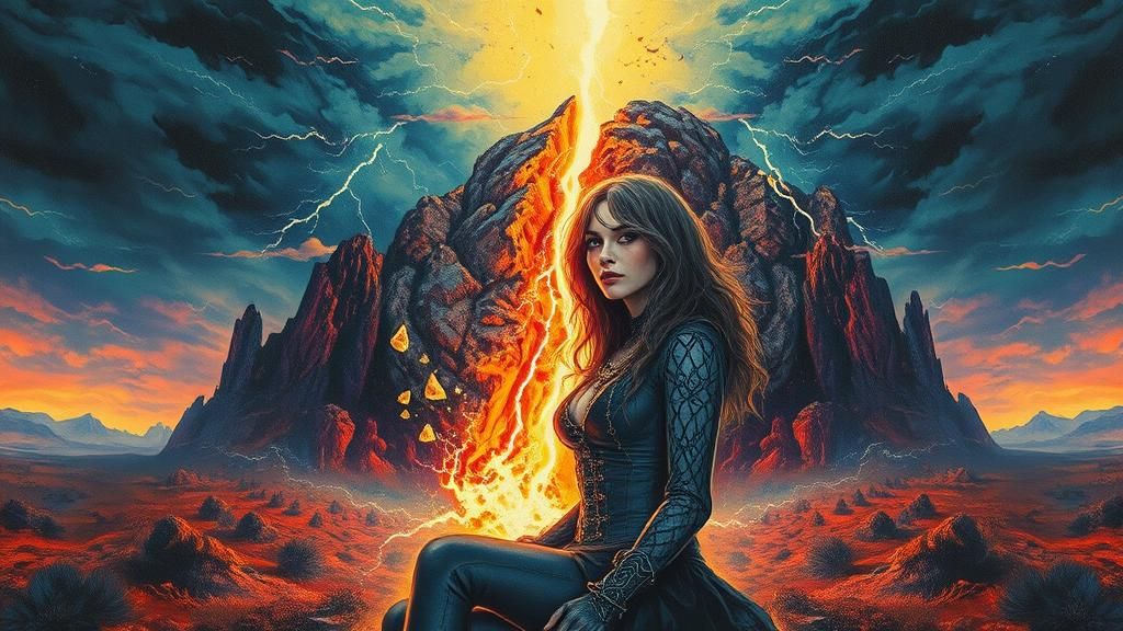 Gothic Woman in Stormy Fantasy Landscape