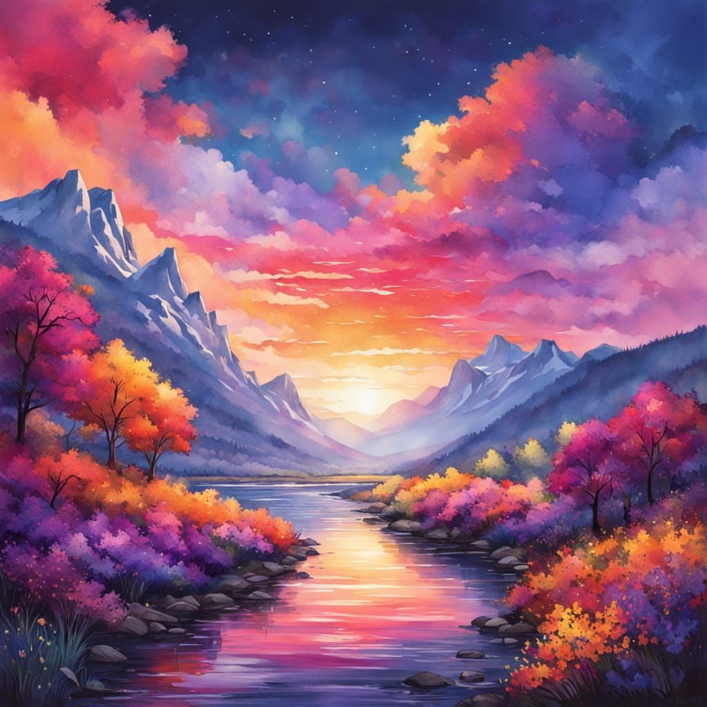 Watercolor Sunset Landscape with Autumn Colors