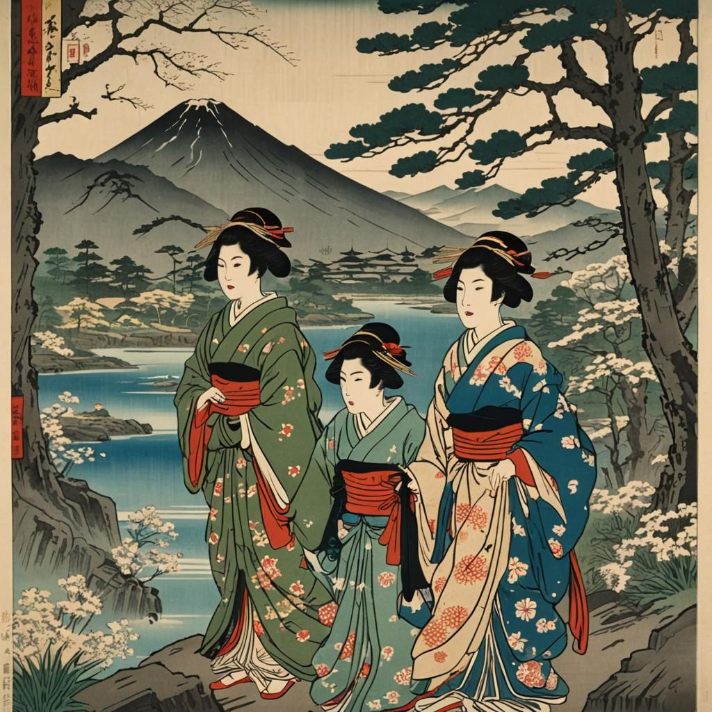 Japanese Women in Landscape: Woodblock Print
