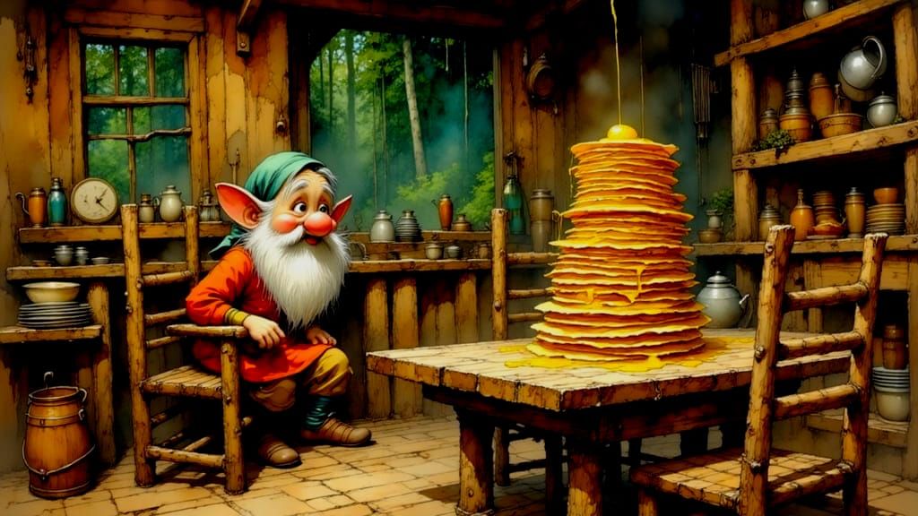 A happy dwarf about to enjoy breakfast.