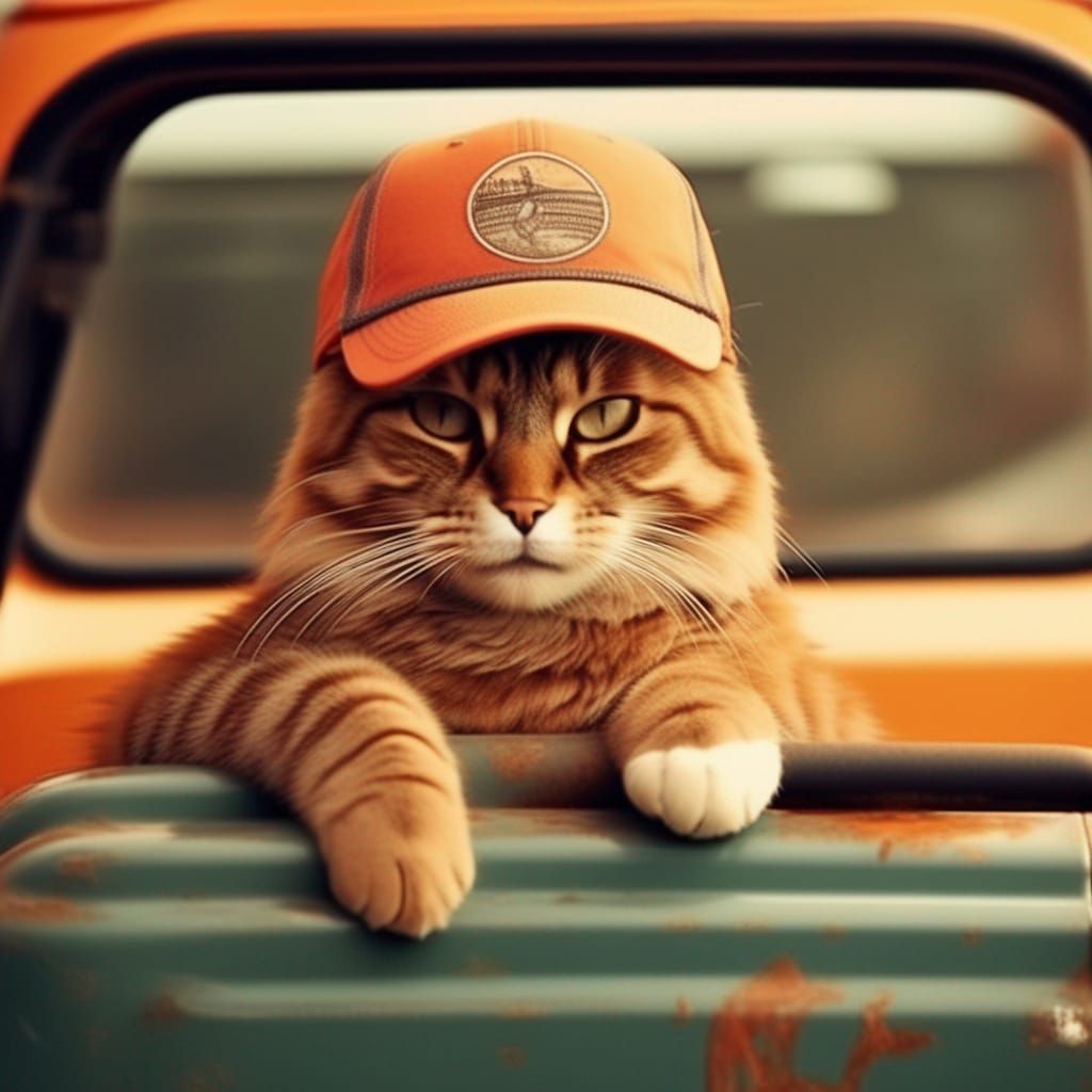 Cat Driving Truck with Baseball Cap