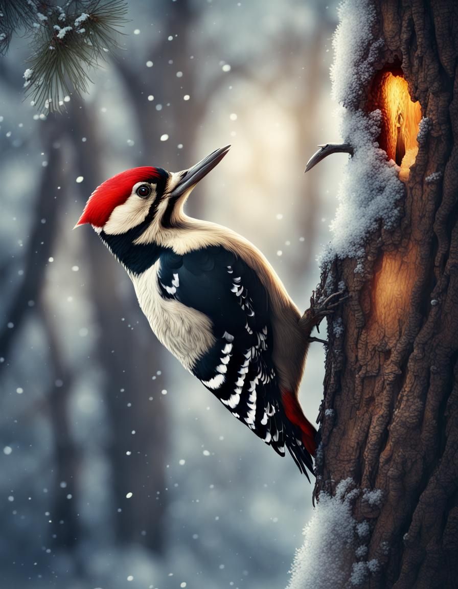 Woodpecker Carving Winter Tree: Digital Matte Painting