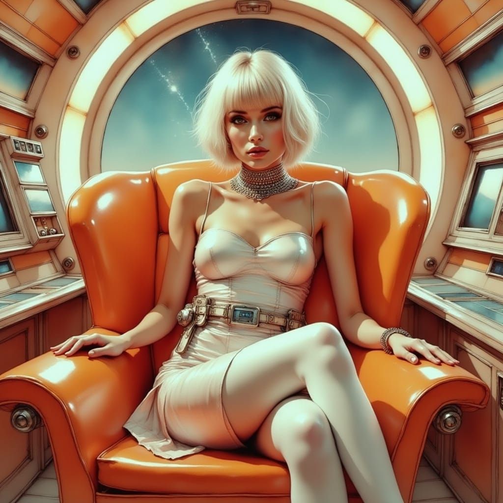 Woman in Spaceship Control Room, Hyper-Realistic Art Nouveau