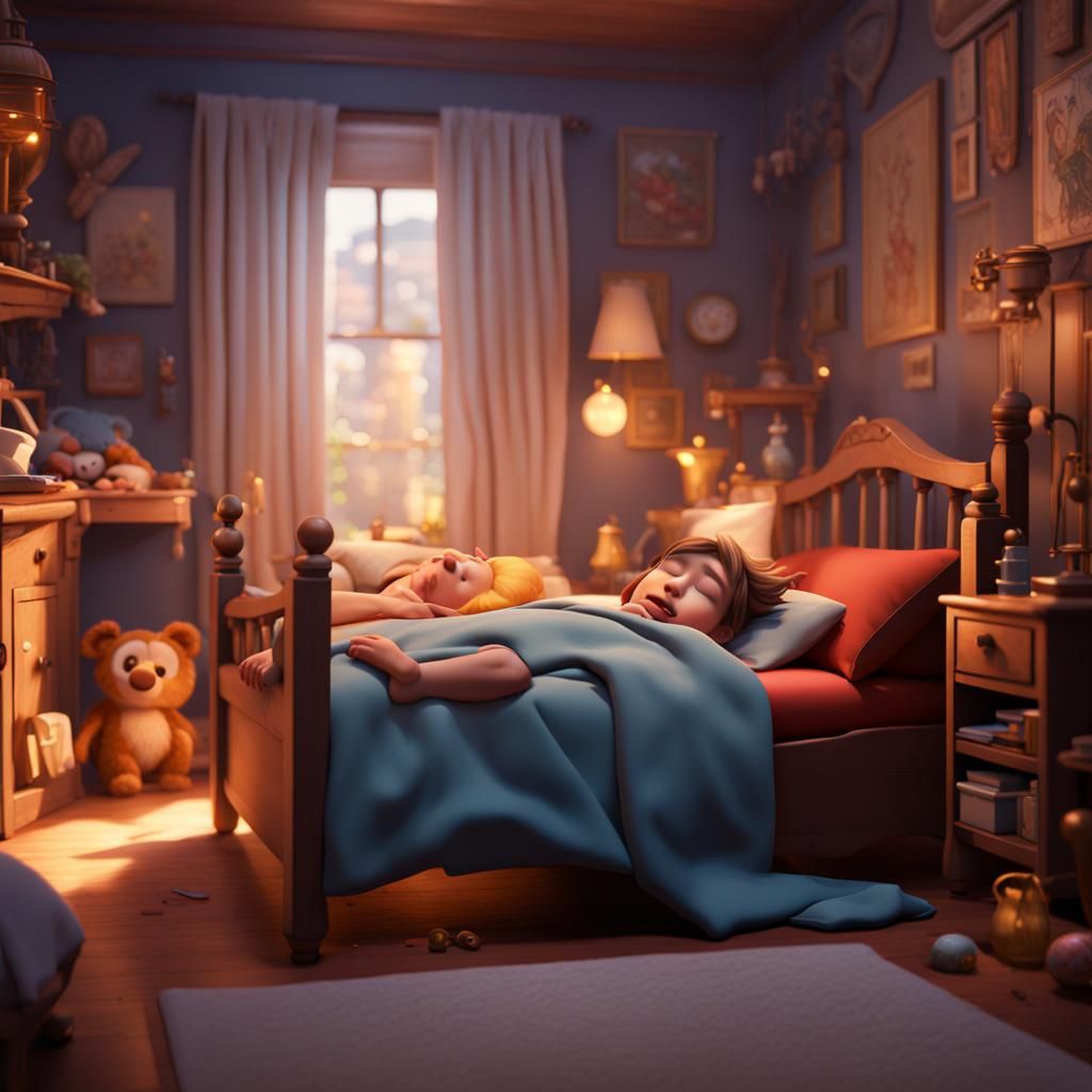 Children Asleep in Bed: 3D Pixar Cartoon