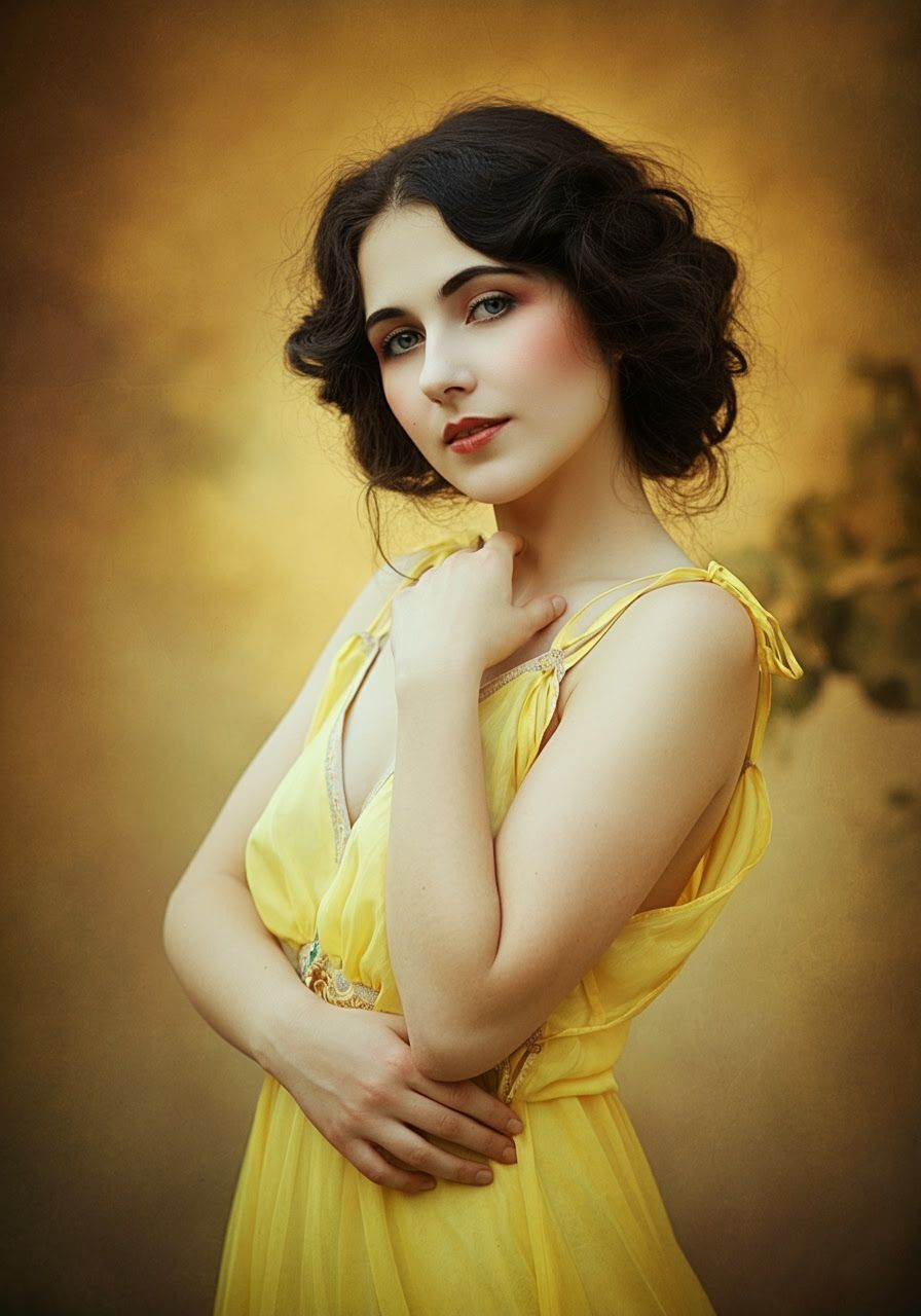 Young Woman in Yellow Dress, Art Nouveau Illustration