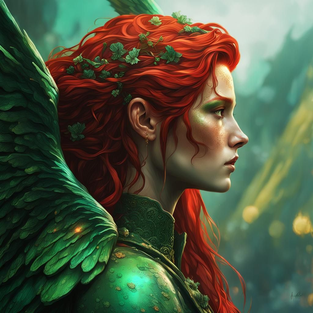 Green Angel Portrait in Detailed Matte Painting Style