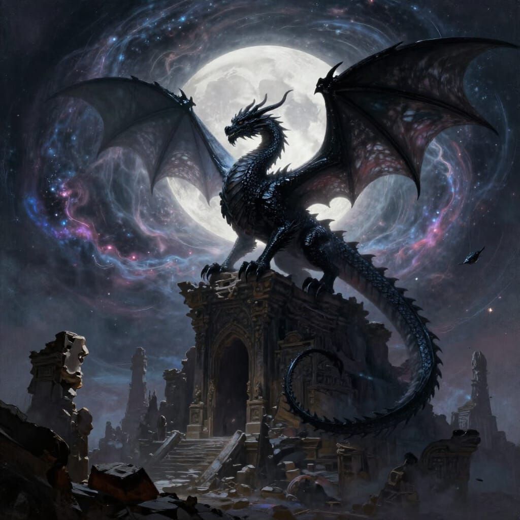 Majestic Obsidian Dragon on Ancient Ruin Under Nebula