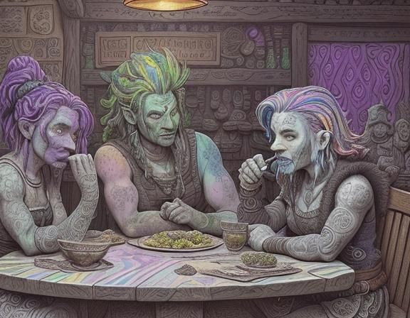 Tired Adventurers Eye Food in Fantasy Tavern