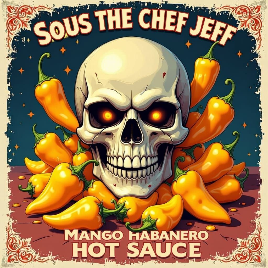 Spicy Hot Sauce Label with Cartoon Skull and Habaneros
