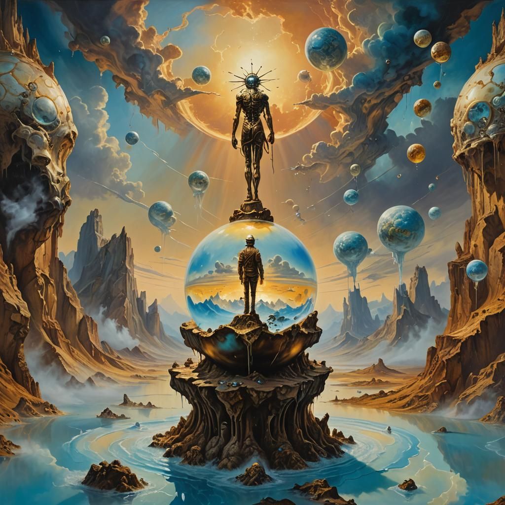 Surrealistic Creatures on Spheres, Oil Painting