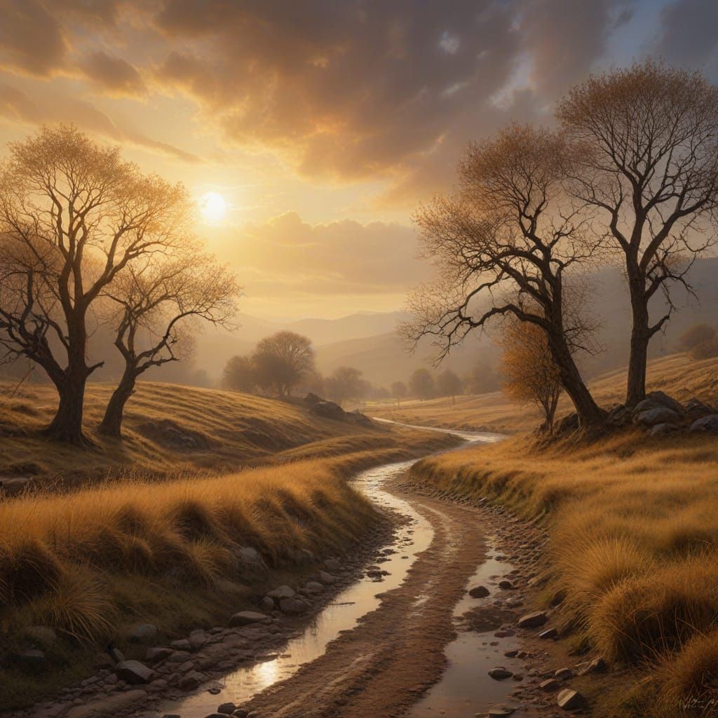 Serene Autumn Landscape Painting with Misty Fog and Golden L...