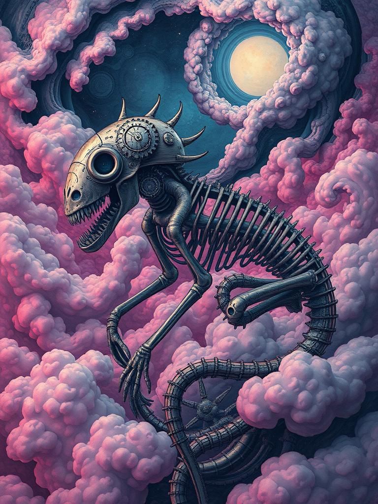 Steampunk Clockwork Xenomorph in Surreal Dreamscape