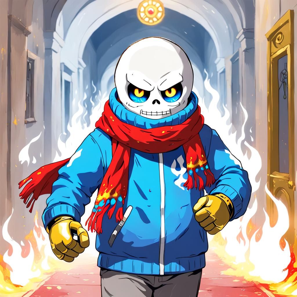 Sans with Flaming Eye in Golden Corridor